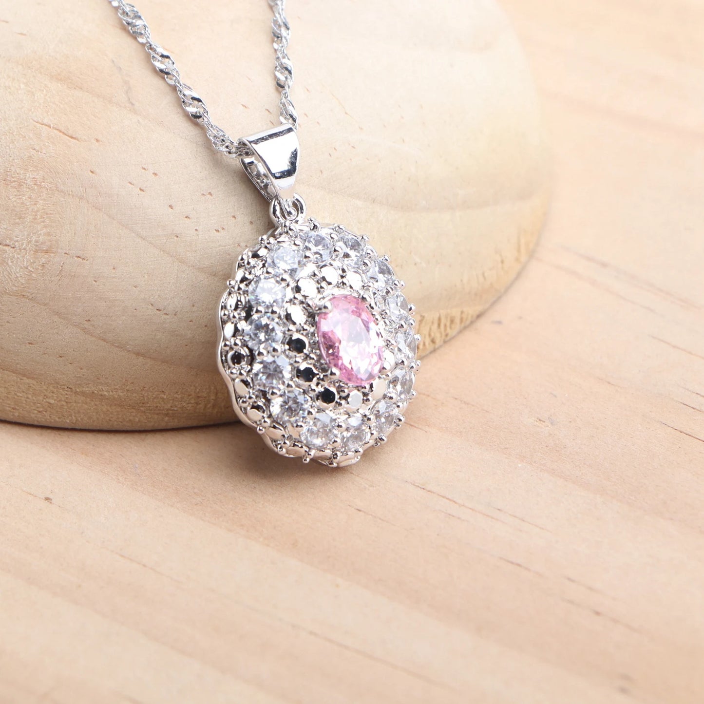 925 Silver Bridal Jewelry Sets For Women Pink Zircon Earrings Rings Pendant Wedding Necklace Set