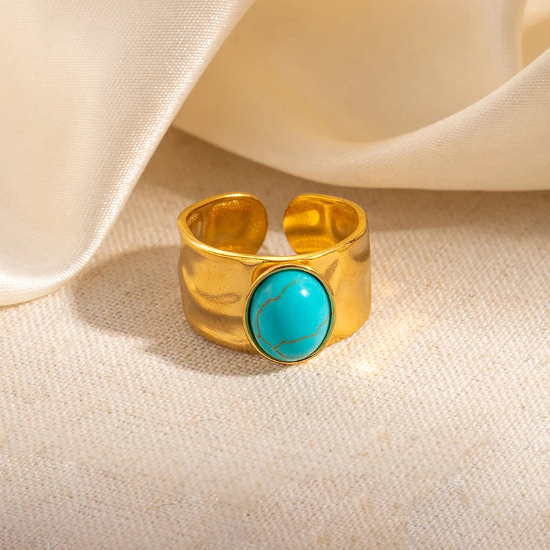 ANENJERY 316L Stainless Steel Colorful Stone Wide Smooth Open Ring for Women Men Elegant Noble Jewelry Gifts Wholesale