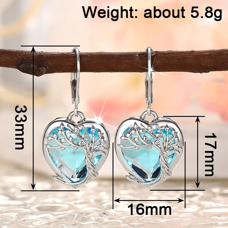 Huitan Elegant Women Blue Heart Drop Earrings Aesthetic Engagement Accessories Charming Tree Design Anniversary Jewelry Gift
