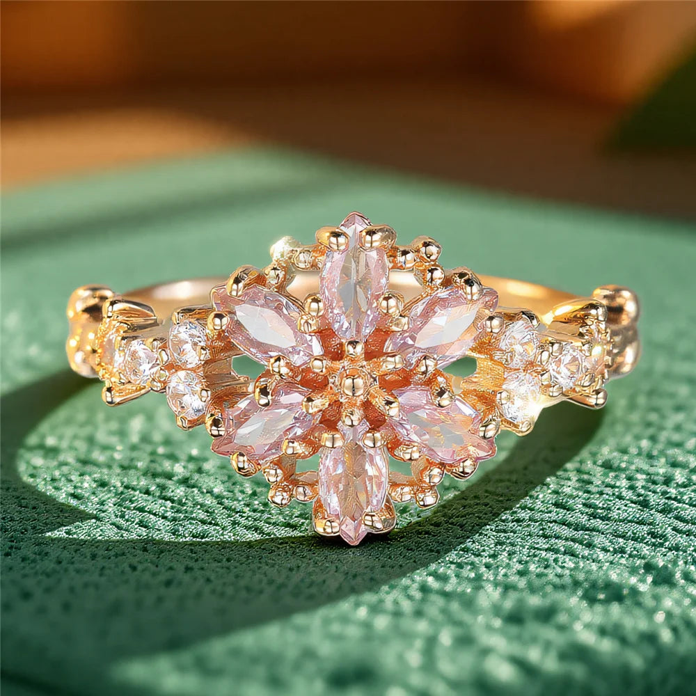 Cute Female Zircon Stone Flower Ring Gold Color Engagement Charm Wedding Jewelry For Women
