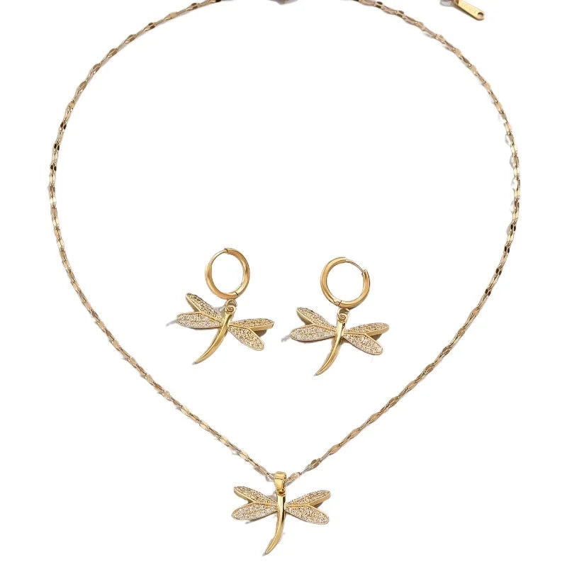 Fashion Gold Color Copper Dragonfly Earrings Necklace Set Zirconia Sparkling Temperament Women Wedding Jewellery Set Accessories