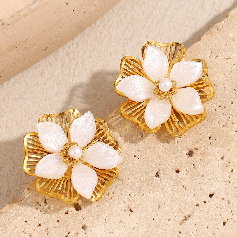 E.B.belle Double Layer Shell Flower Stud Earring PVD Plated Stainless Steel Waterproof Hypoallergenic Women Jewelry Accessories