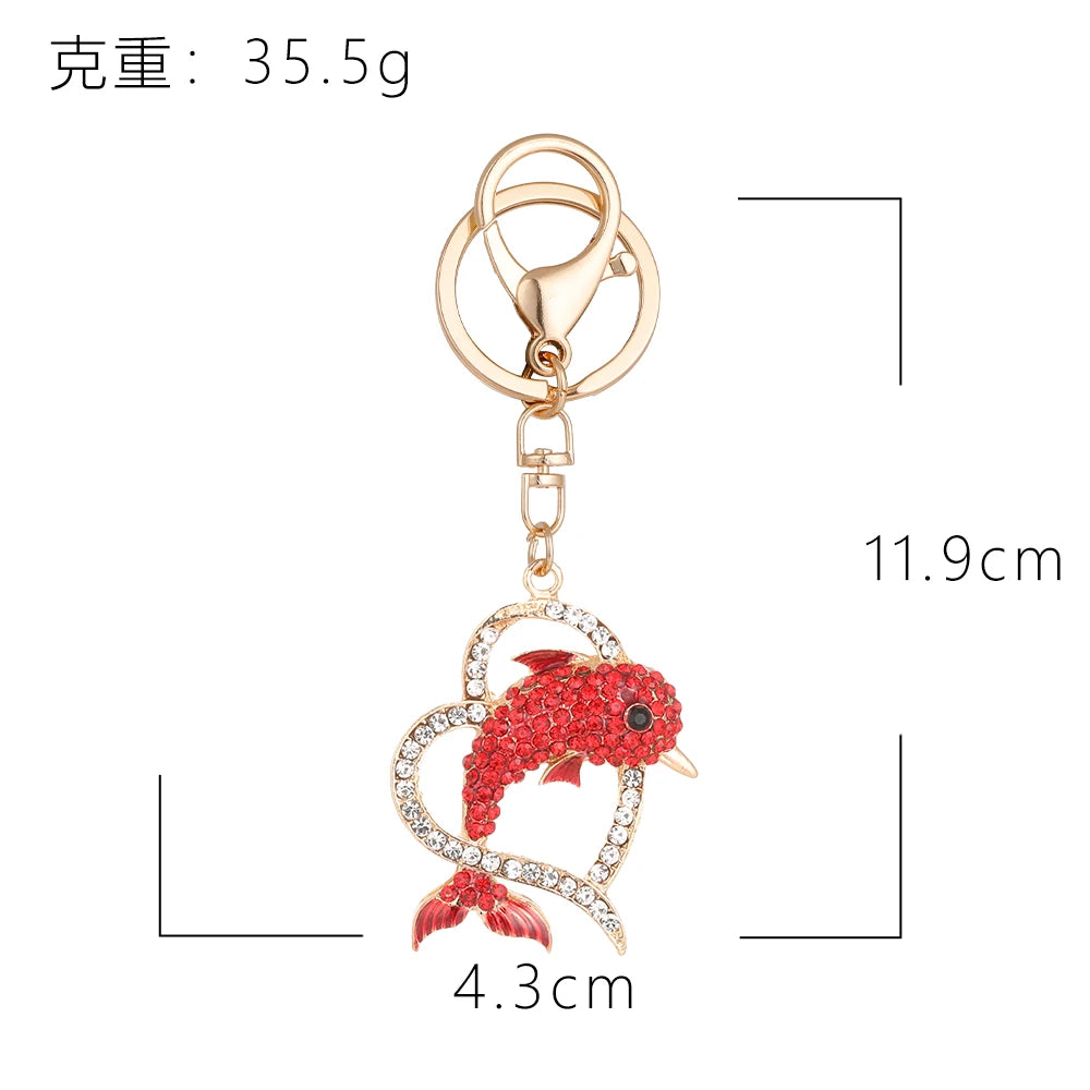 Dolphin Love Key Chain Women's Luxury Bag Pendant Crystal Rhinestone Key Ring Marine Animal Gift for Family Girlfriend