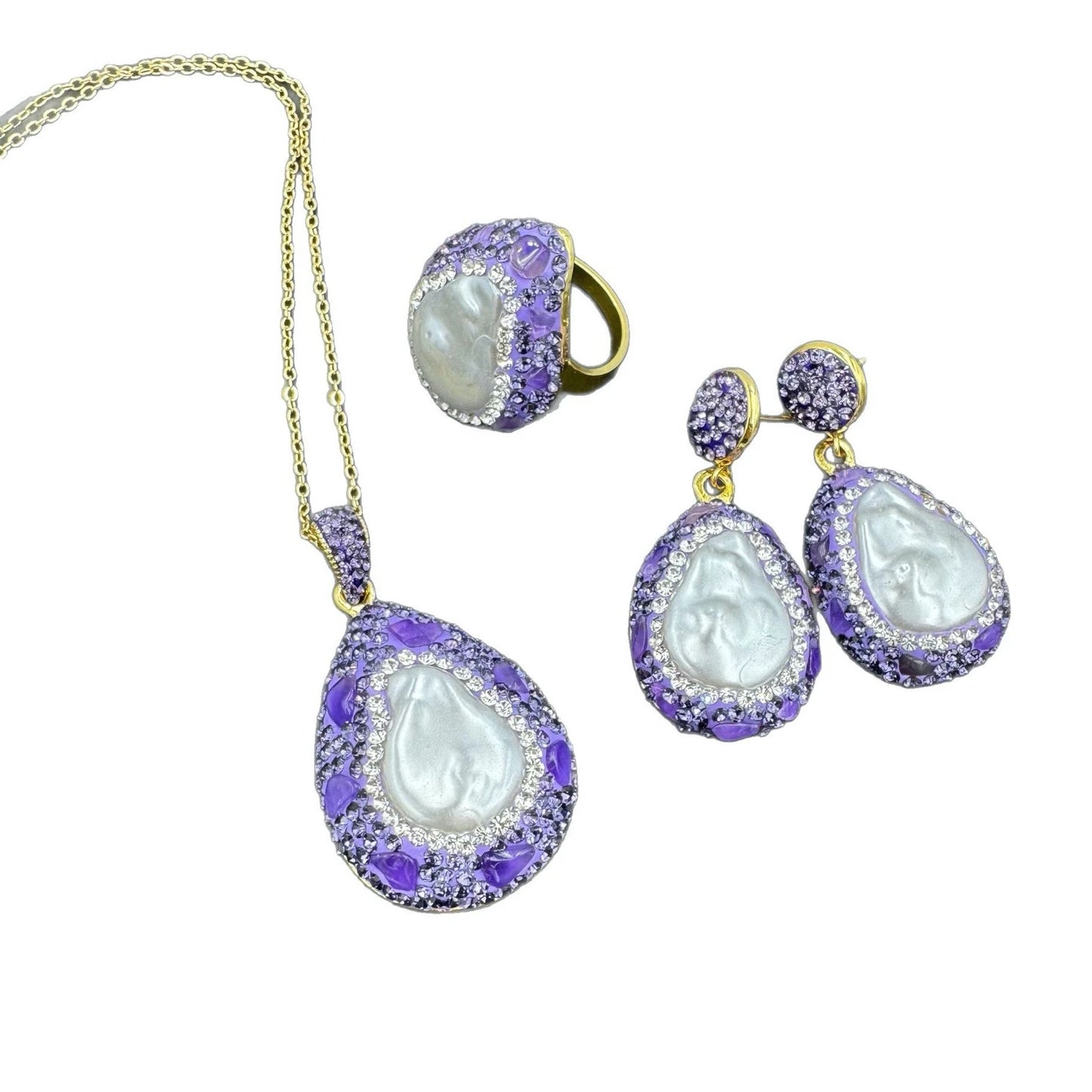 Water Drop Baroque Pearl Purple Crystal Set Handmade Three Piece Set of Rhinestone French Antique Jewelry for Women Wedding Gift