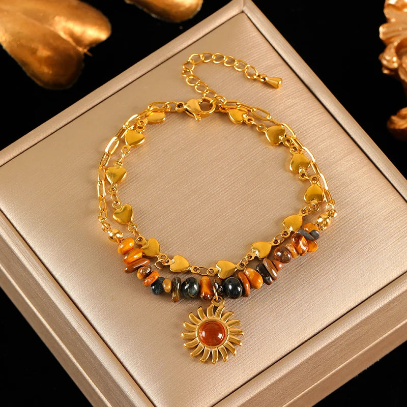 EILIECK 316L Stainless Steel Vintage Brown Beaded Pendant Necklace Bracelet Trendy For Women New Gift Waterproof Jewelry Set