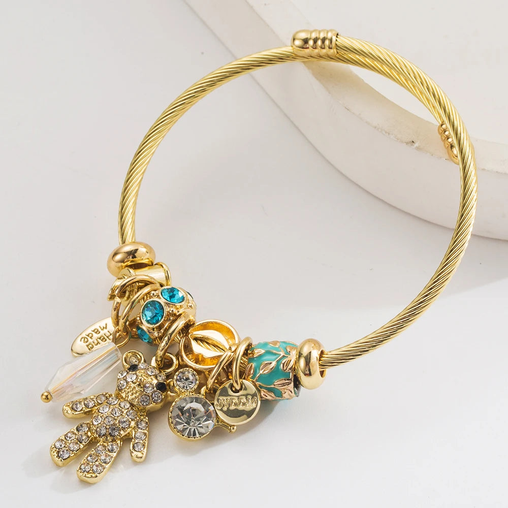 Gold Stainless Steel Pandora Bracelet With Personalized Bear Letter Pendant And Adjustable Opening For Women