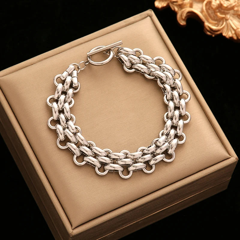 EILIECK 316L Stainless Steel Silver Color Cuban Chain Statement Necklace Bracelet Set Charm Fashion Women Waterproof Jewelry Set
