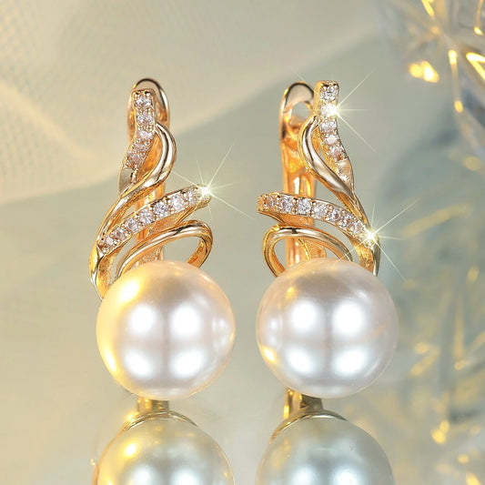 White Pearrl Zircon Stone Round Hoop Earrings Luxury Female Gold Color Wedding Jewelry For Women