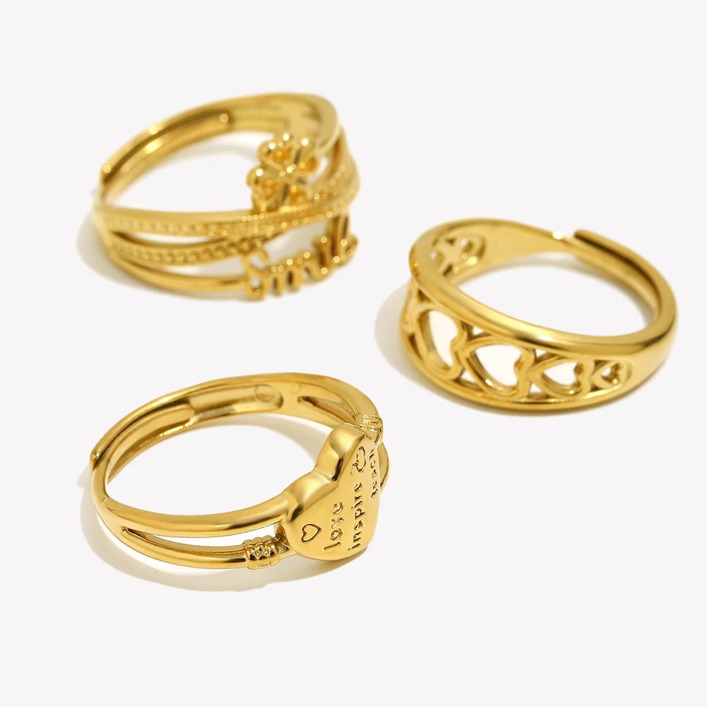 E.B.belle Stainless Steel Open Series Heart Flower Ring Gold Artistic And Sweet Design Women's Jewelry Accessories For Gift