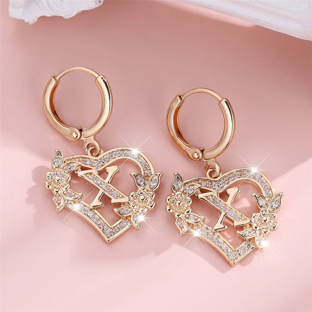 Female A-Z 26 Letter Heart Flower Hoop Earrings Yellow Gold Color White Zircon Wedding Jewelry For Women