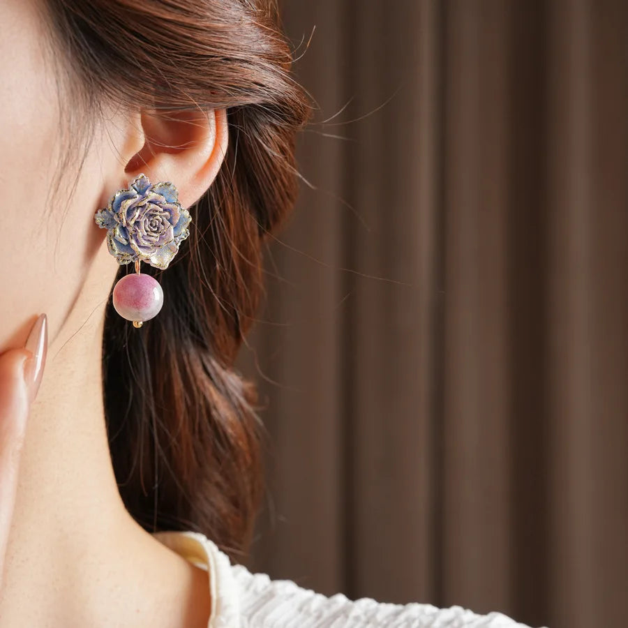 Rose Flower Glass Bead Earrings for Women 2025 Fashion French Retro Vintage Stud Earring High-end Luxury Designer Jewelry