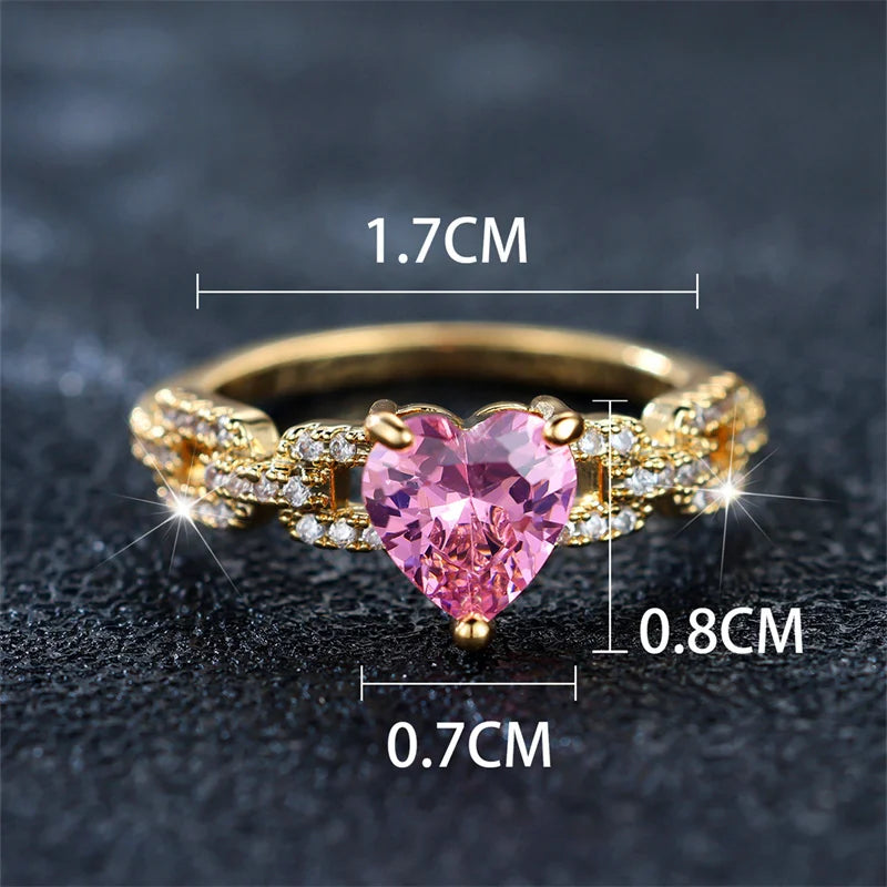 Cute Female Pink Zircon Stone Ring Trendy Yellow Gold Color Heart Engagement Rings For Women Bride Wedding Jewelry Gift