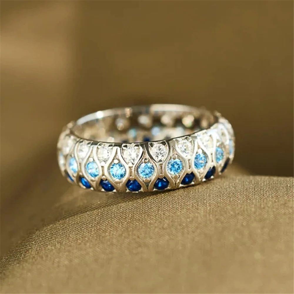 Cute Female White Blue Zircon Round Stone Silver Color Wedding Jewelry Promise Engagement Rings For Women