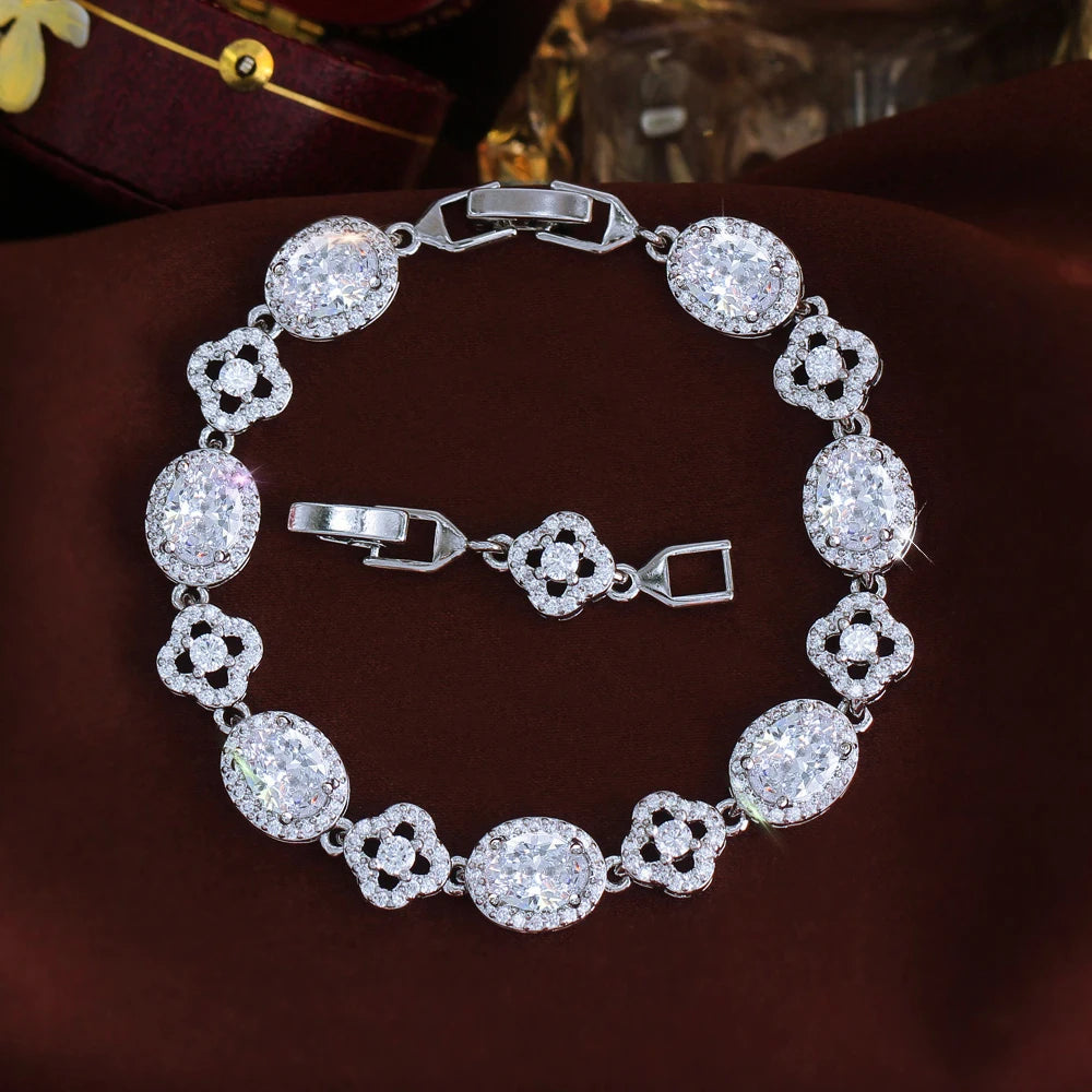 ThreeGraces Brilliant Purple Ellipse Zirconia Lucky Leaf Shape Bridal Wedding Party Link Chain Bracelet Jewelry for Women BR472