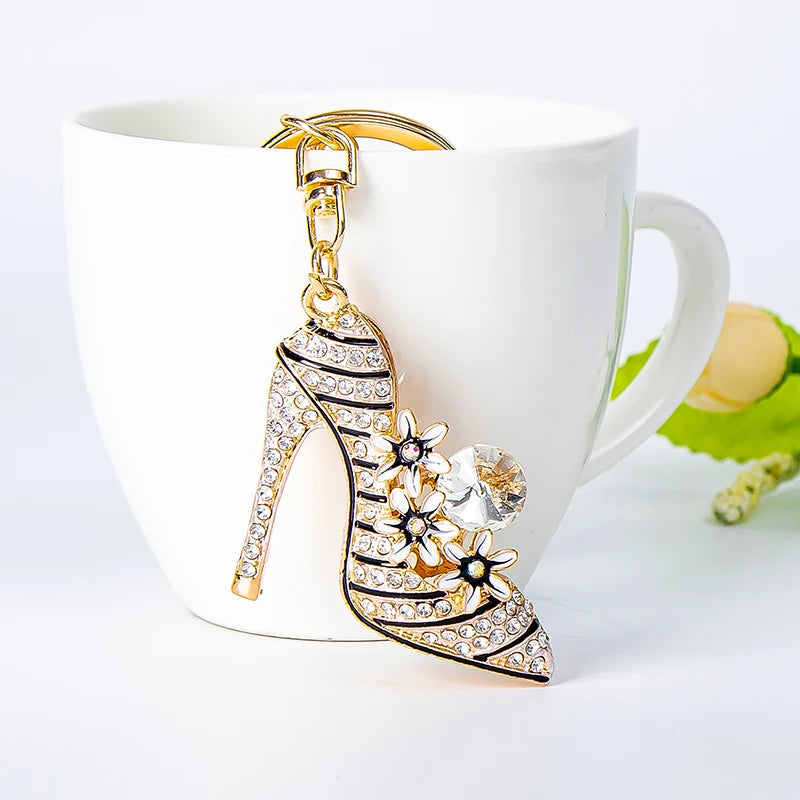 Elegant Flower High Heels Key Chain Women's Bag Pendant Alloy Rhinestone Car Key Ring Fashion Backpack Ornament
