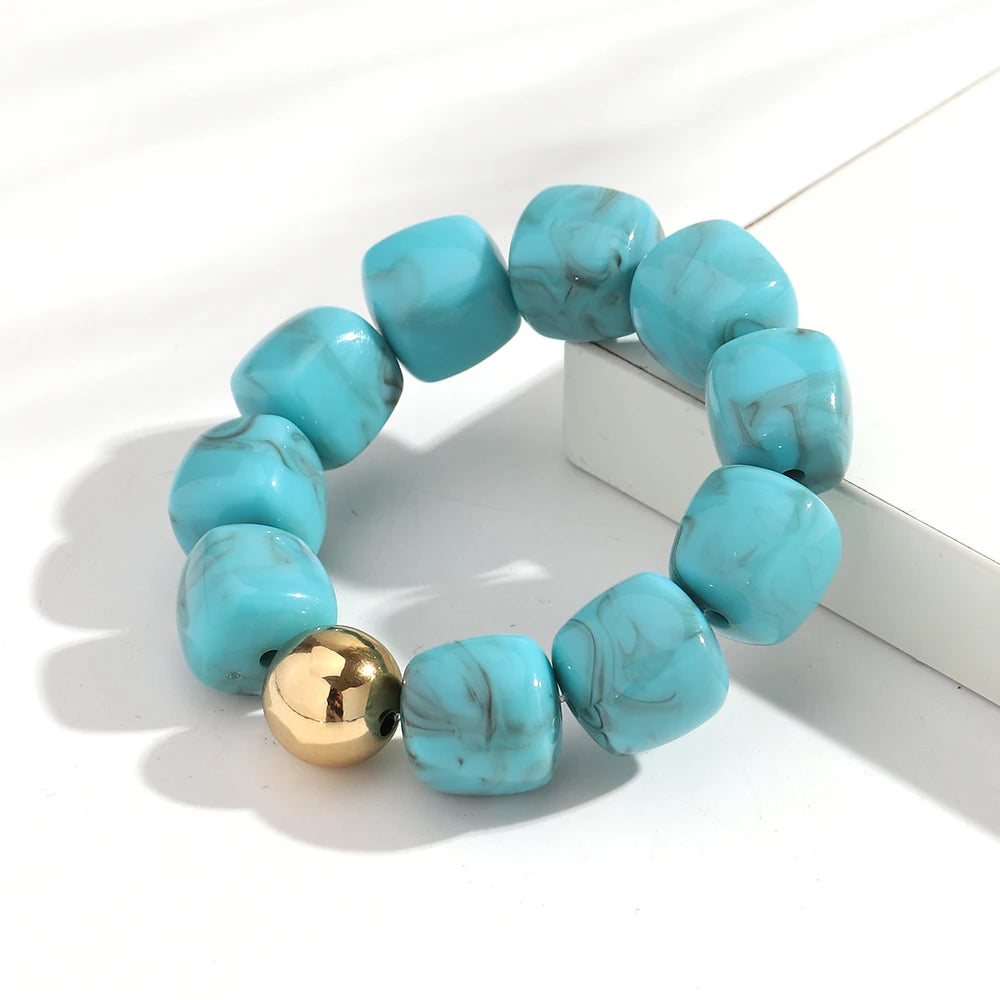 Acrylic Multicolor Irregular Beads Stretchy Bracelets Bangles for Women Resin Marbled Beaded Geometric Elastic Bracelet Jewelry