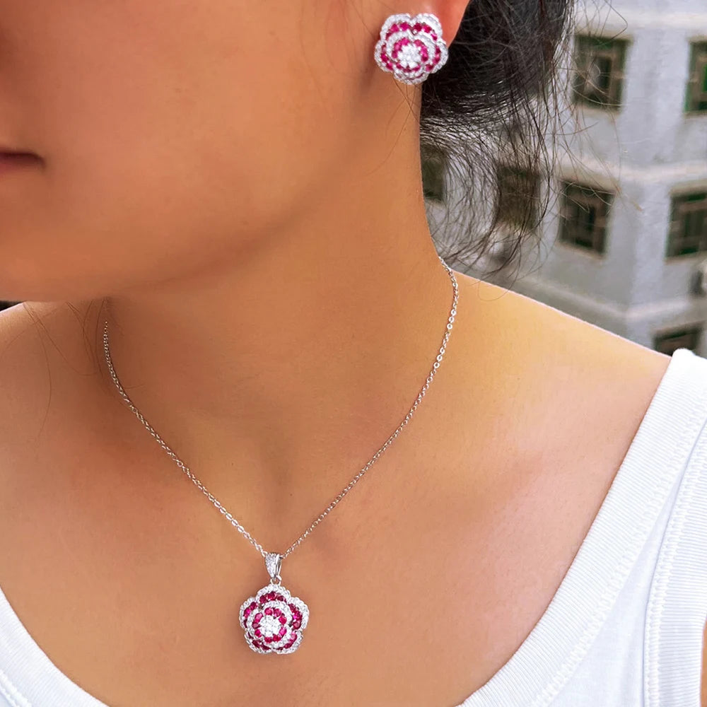 ThreeGraces Elegant Rose Red Cubic Zirconia Unique Flower Pendant Necklace and Stud Earrings Party Jewelry Set for Women JS715
