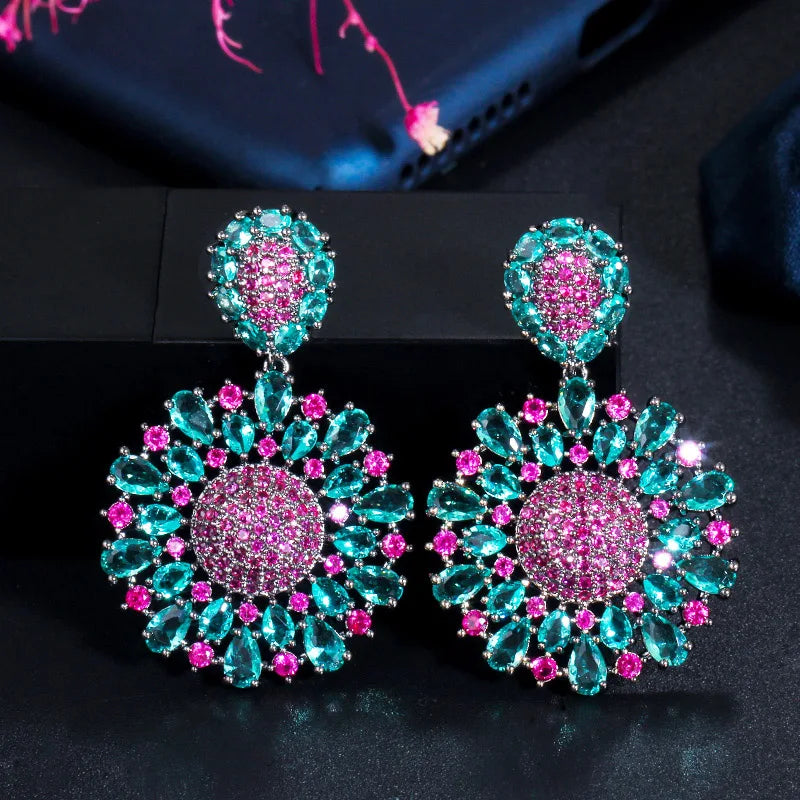 ThreeGraces Vintage Rose Red and Green Cubic Zirconia Long Big Dangle Flower Party Earrings for Women Party Jewelry E2124
