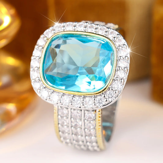 Small Square Luxury Female Bule Zircon Stone Fashion Ring Vintage Silver Color Wedding Jewelry For Women