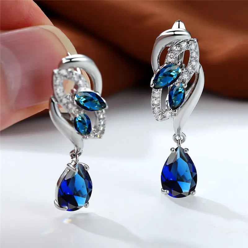 Luxury Female Blue Rainbow Stone Earring Silver Color Clip Earrings For Women Charm Crystal Zircon Wedding Jewelry