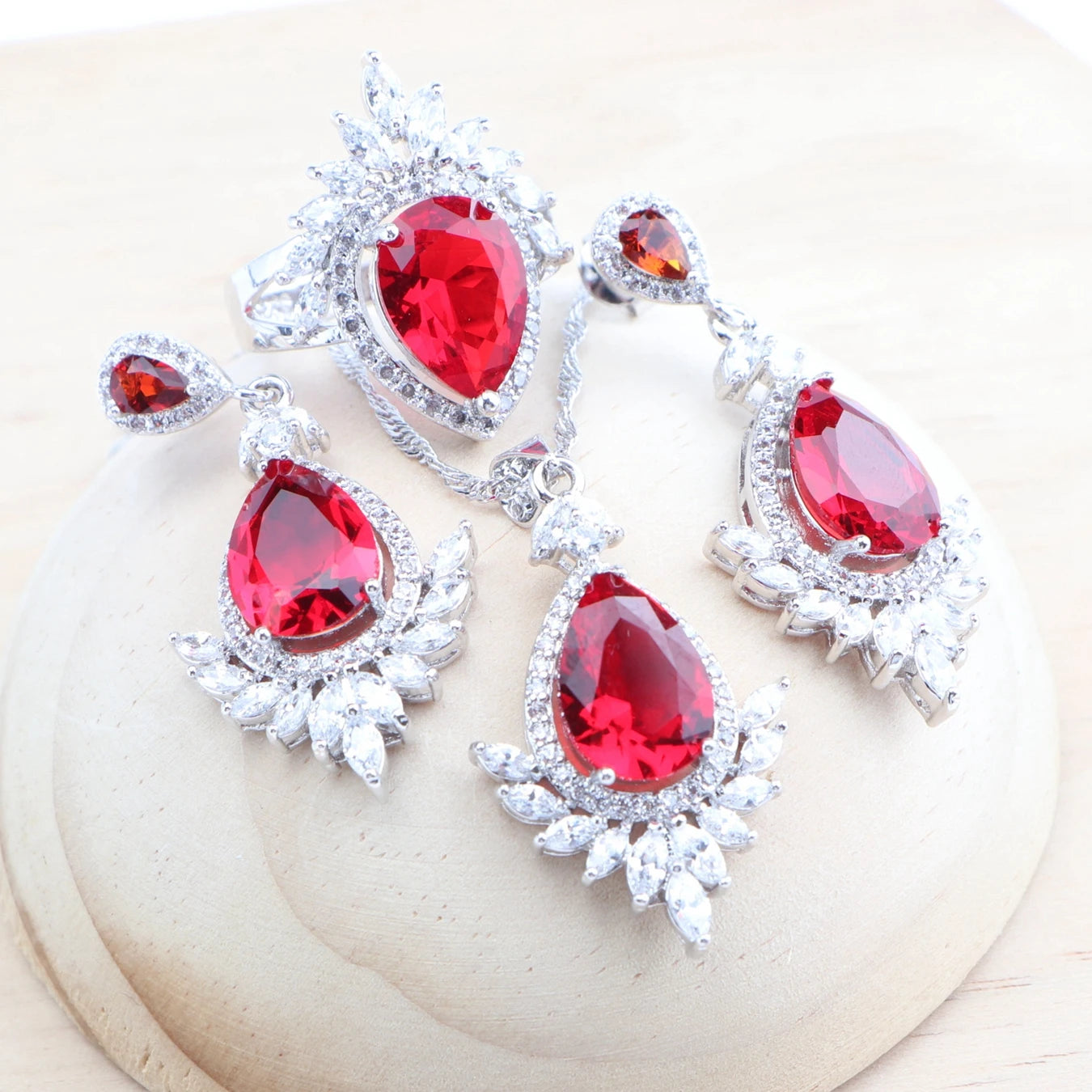 925 Silver Red Zircon Bridal Jewelry Sets Wedding Stones Bracelets Earrings Rings Pendant Necklace Set For Women