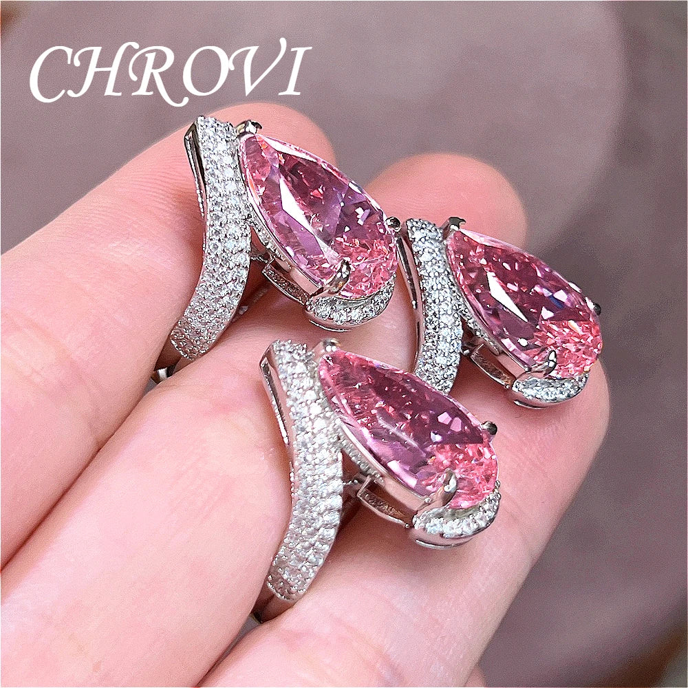 Luxury-Style 925Sterling Silver Drop-shaped Pink Zirconia Fashion Ring Full Diamond-Engraved Elegant Open Design Women's Jewelry