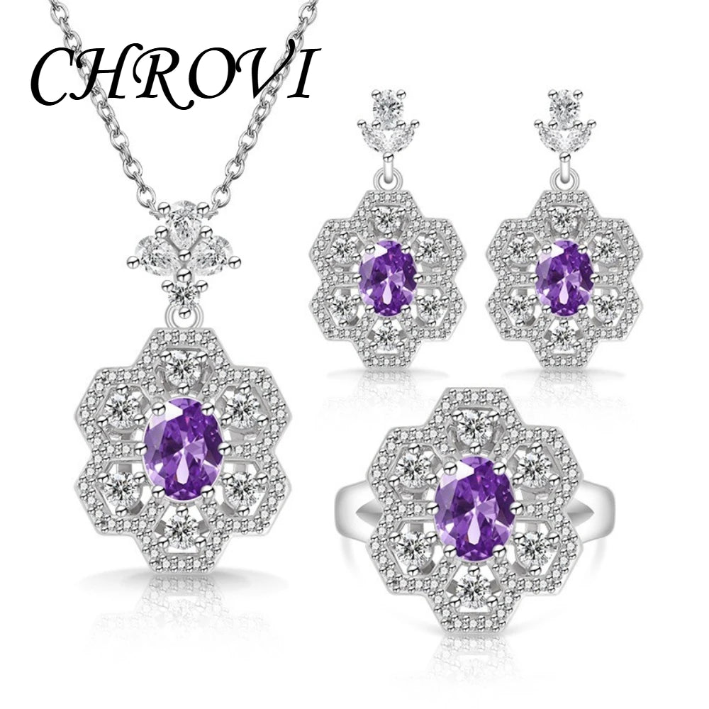 Exquisite 925 sterling silver popular flower-shaped diamond-set pendant necklace, ring, earring set jewelry set