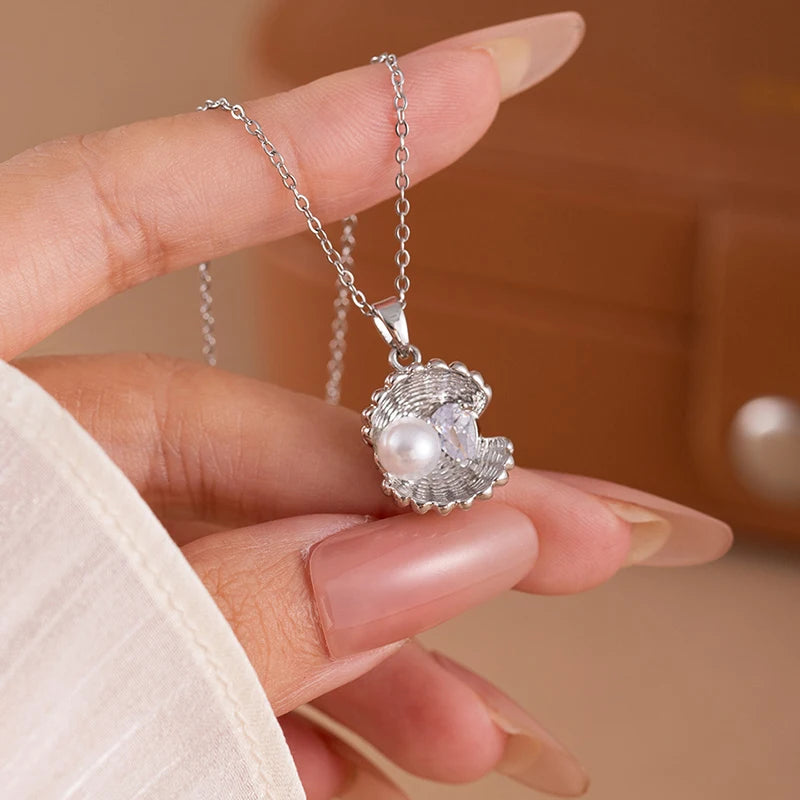 ANENJERY 316L Stainless Steel Flower Butterfly Shell Pendant Necklace For Women Delicate Elegant Fashion Jewelry Gifts Wholesale