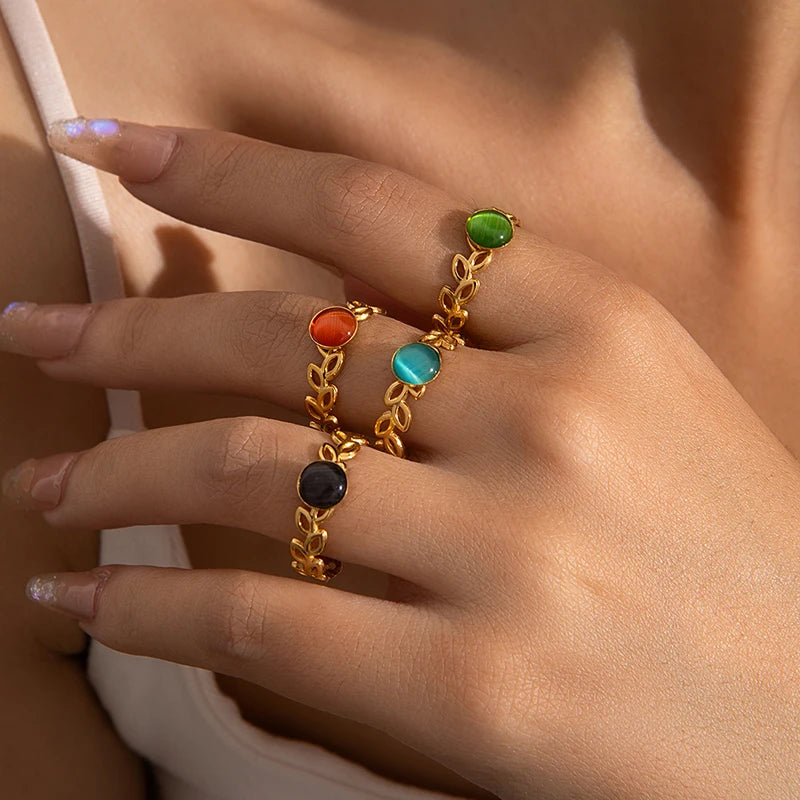 ANENJERY 316L Stainless Steel Hollow Leaf Colorful Stone Open Ring for Women Men Simple Jewelry Gifts Daily Wholesale