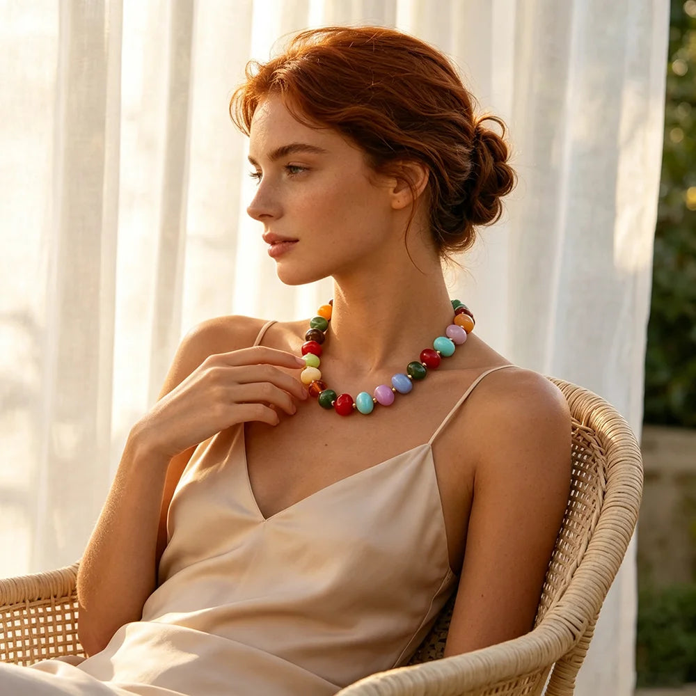 E.B.belle Colorful Candy Bead Strand Necklace Adjustable Gold Extension Chain Flat Oval Resin Beads Fashion Beach Women Jewelry