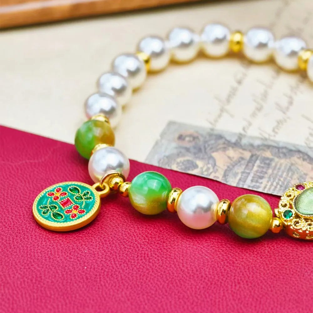 NEW Pearl Green stone Beaded Bracelet for Women Golden Enamel Charm Chinese Boho Bracelet Wedding Party Daily Wear Jewelry Gift