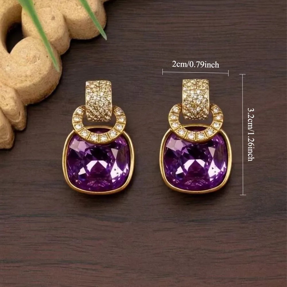Retro Luxury Fashion Purple Square Sugar Ring Buckle Earrings for Women's High-End Accessories for Daily Commuting, Parties
