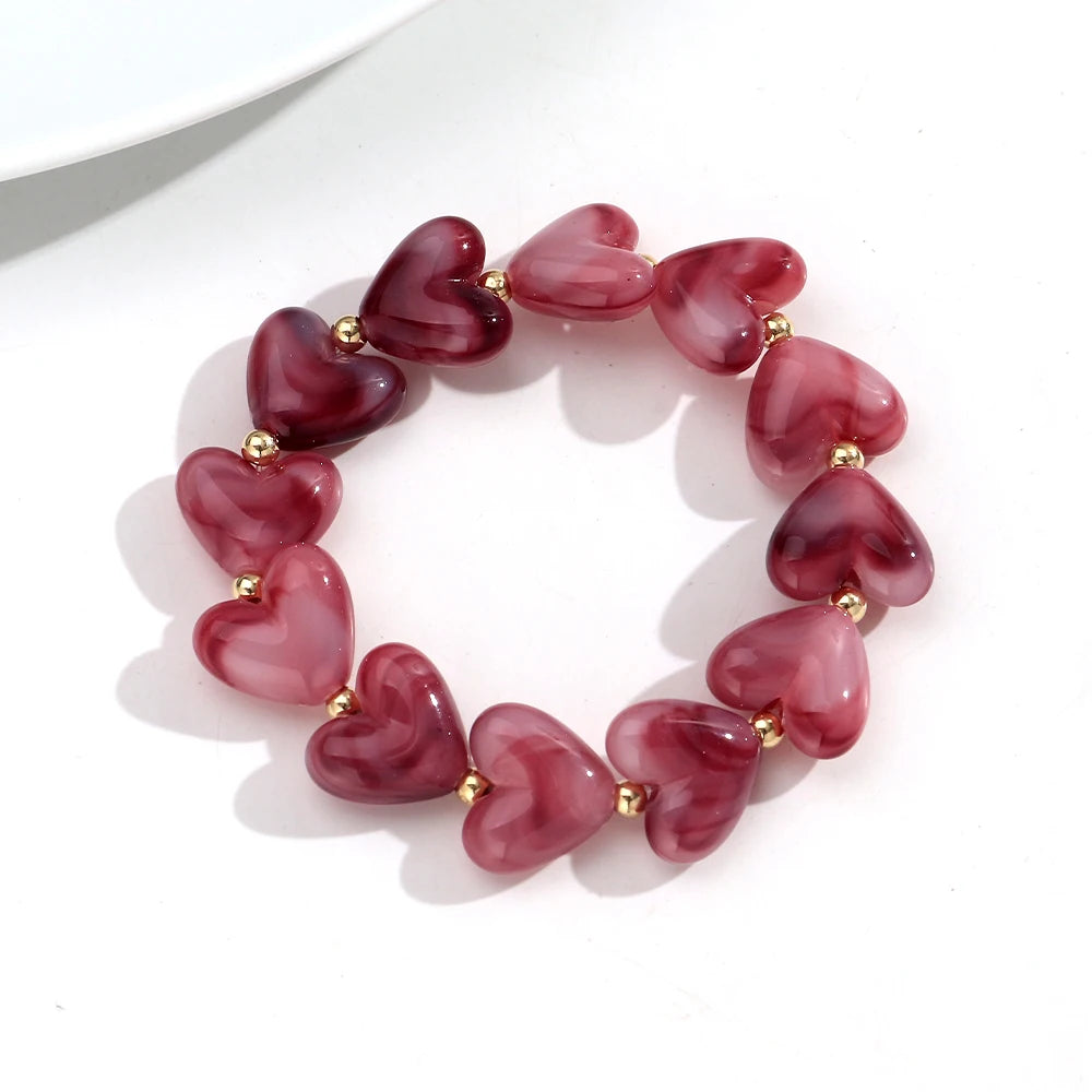 Cute Acrylic Colorful Geometric Heart Beads Elastic Bracelets New Love Heart Beaded Stackable Bangle Bracelet Women Jewelry Gift