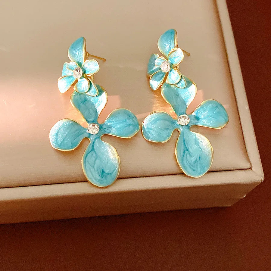 Double Layered Smudging Enamel Flower Drop Earrings for Women Vintage Shiny Rhinestones Dangle Earring Dating Party Jewelry N