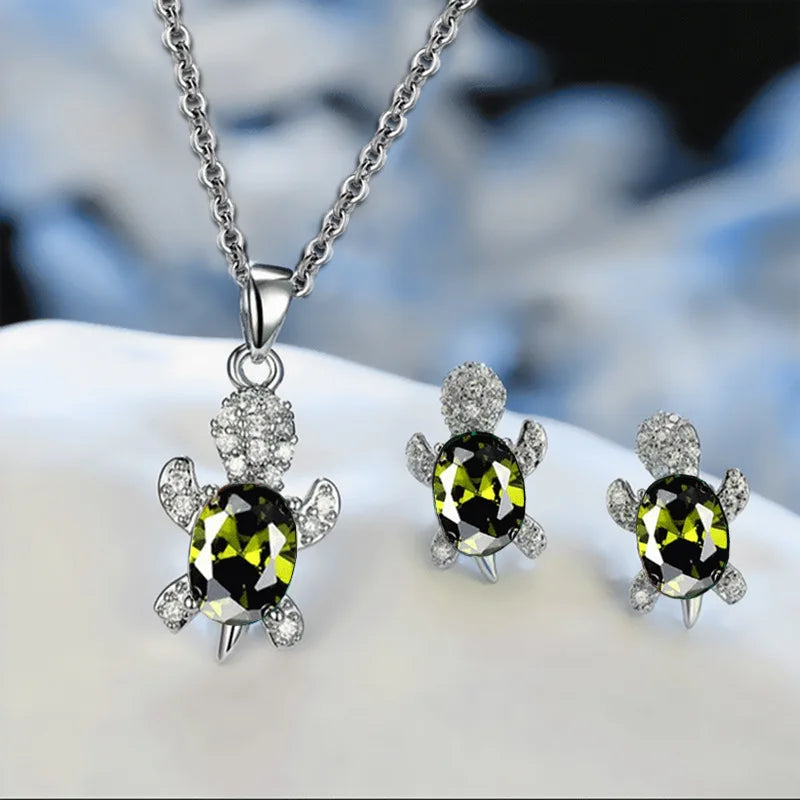 Multicolor Rhinestones Turtle Necklace Earrings sets for Women 14k Platinum Plated 3 Pcs Jewelry Set Female Party Wedding Gifts