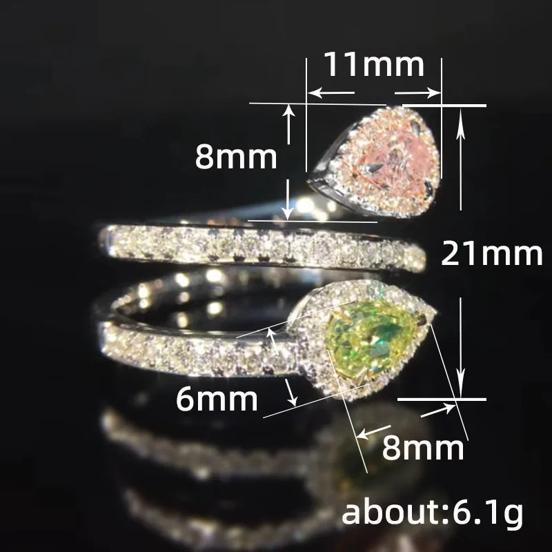 Huitan Pink/Green Waterdrop Cubic Zirconia Cross Rings for Women Colorful CZ Temperament Sweet Engagement Wedding Trendy Jewelry