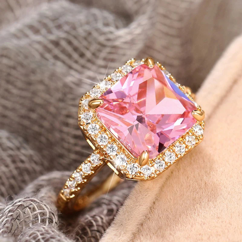 Huitan Temperament Sweet Pink CZ Women Rings Anniversary Party Luxury Trendy Female Accessories Fancy Gift Fashion Jewelry