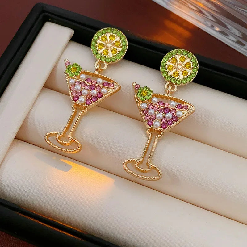 Vintage Lime Wine Glass Earrings for Women Temperament Light Luxury Inlaid Rhinestone Pearl Earring High-grade Sense Jewelry