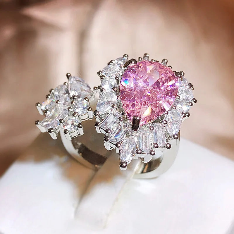New Asymmetric Pink Zircon Exquisite Drop Ring Female Adjustable Temperament Wedding Party Jewellery Gift With 925 Stamp