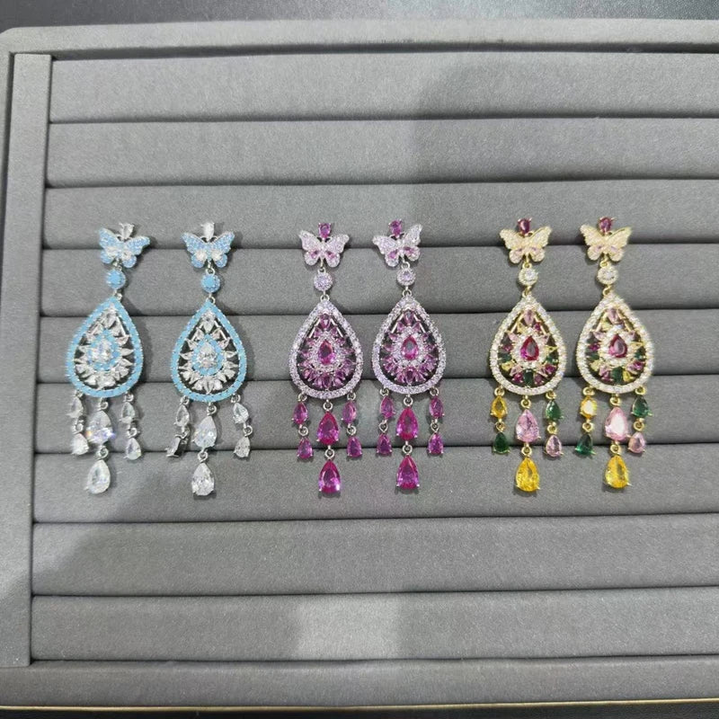 Luxury Cubic Zirconia Gemstone Bracelet Ring Earring Jewelry Set for Women Wedding Gift Colorful Stone Five Petal Flower Design