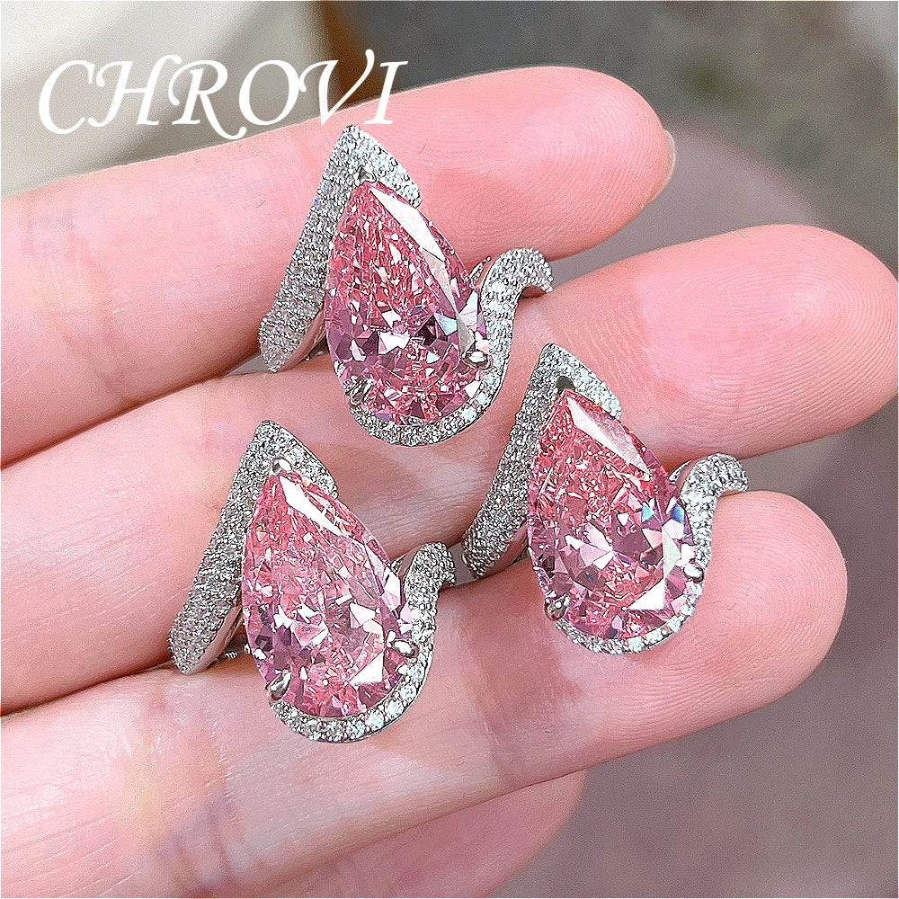 Luxury-Style 925Sterling Silver Drop-shaped Pink Zirconia Fashion Ring Full Diamond-Engraved Elegant Open Design Women's Jewelry