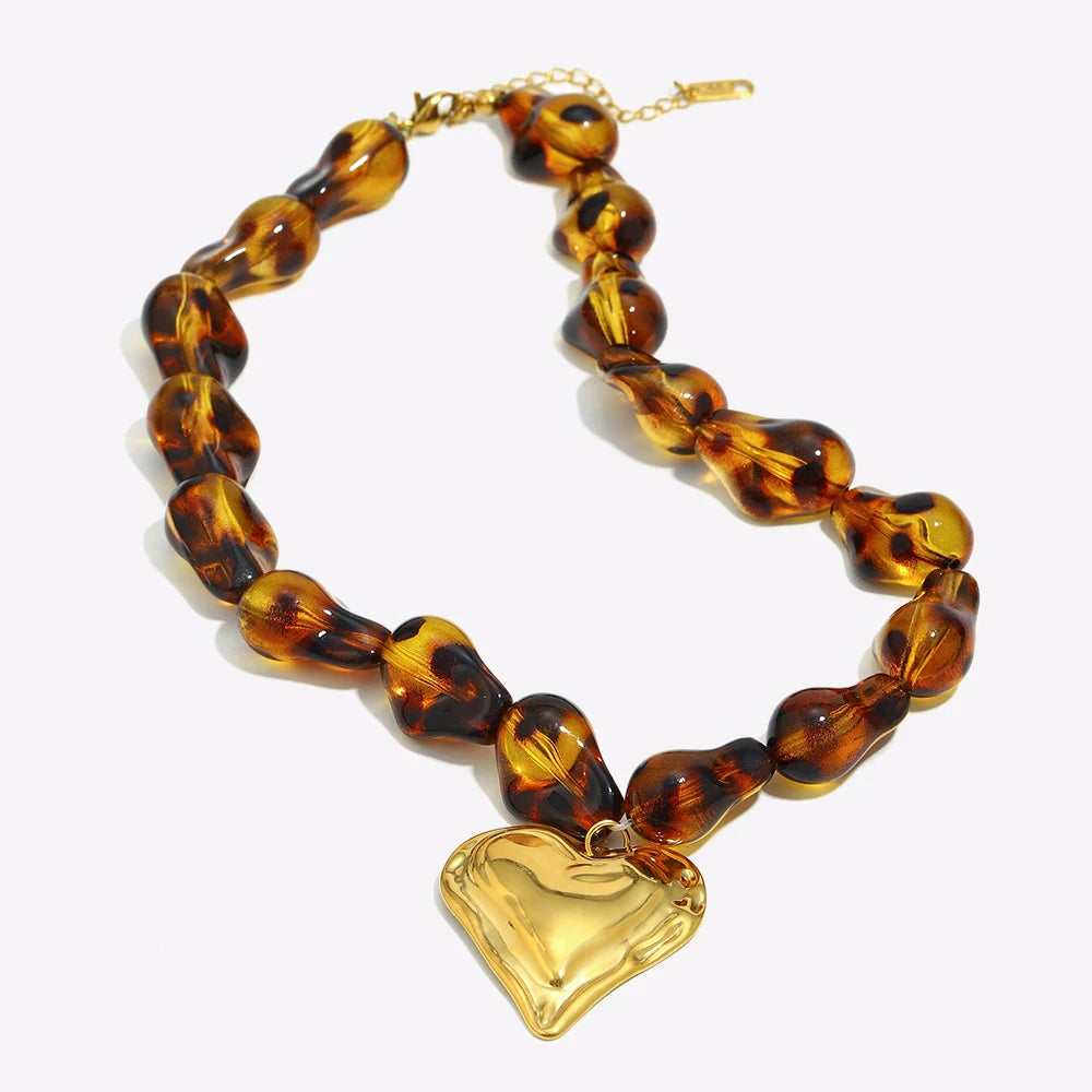 E.B.belle Leopard Print Natural Stone String Necklace With Heart Pendant Charm Personalized Design For Daily Life Birthday Party