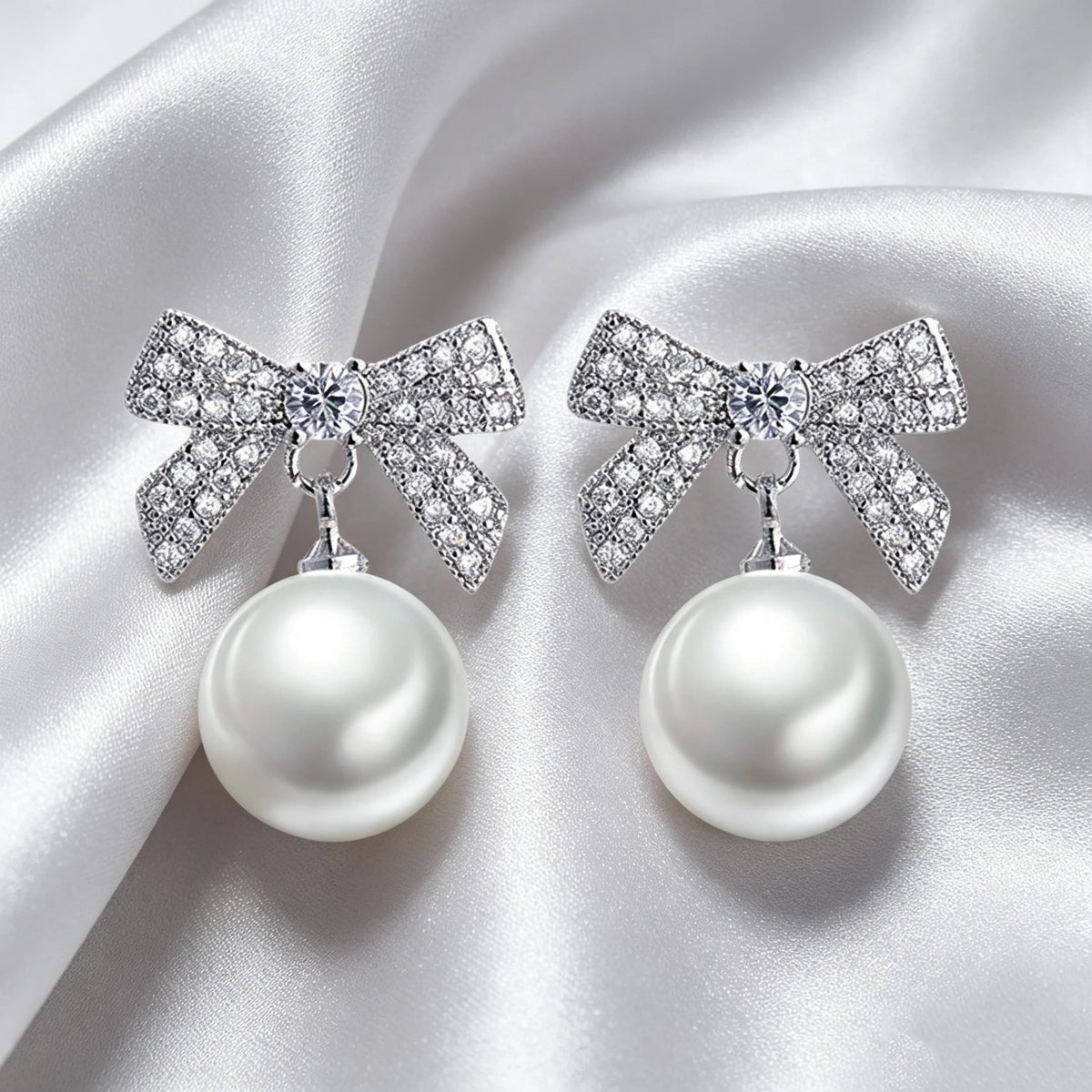 Korean Luxury Charm Female White Zircon Pearl Yellow White Bow Stud Earrings Silver Color Wedding Jewelry For Women