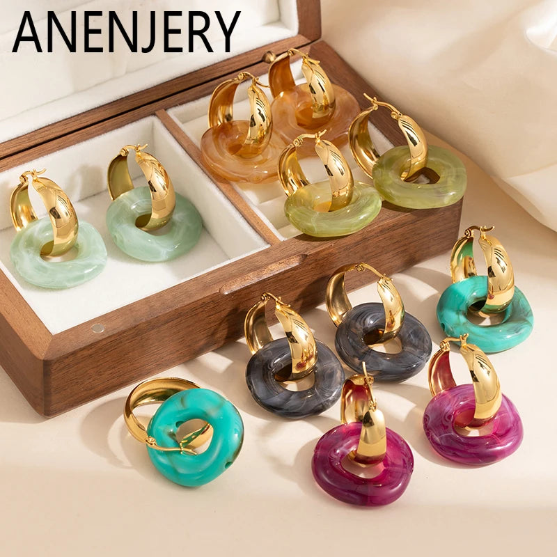ANENJERY 316L Stainless Steel Colorful Resin Circular Hoop Earrings For Women Fashion Y2K Exaggerated Jewelry Gifts Wholesale