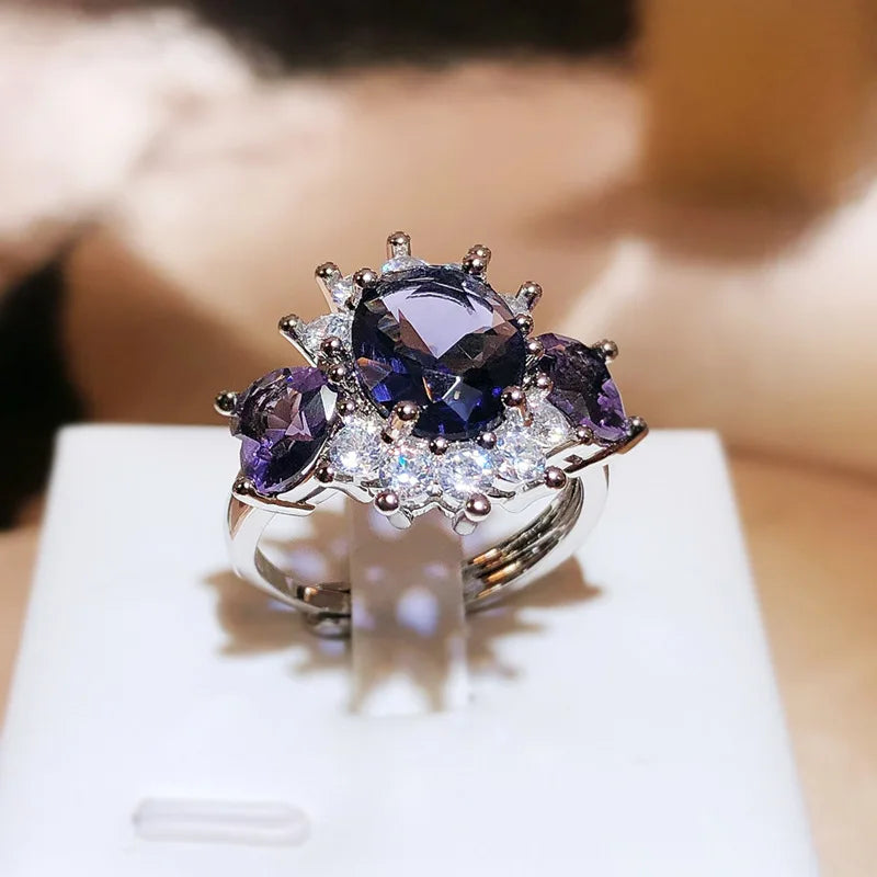 925 Silver Simple Sweet Diamond Ring Ladies New Purple Zircon Ring Women's Party Wedding Birthday Gift Wholesale