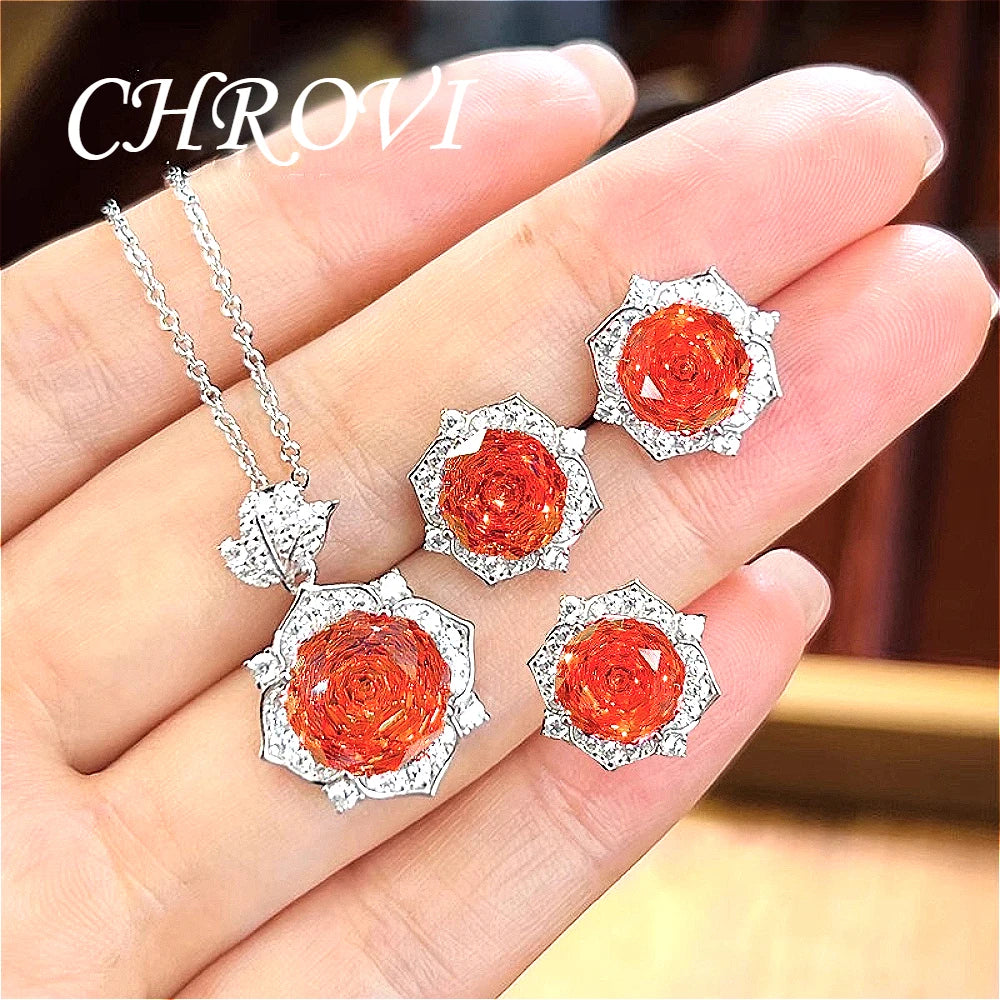 Luxury-Style 925 Sterling Silver Rose Diamond Flower Necklace Pendant Earring Ring Women's Set