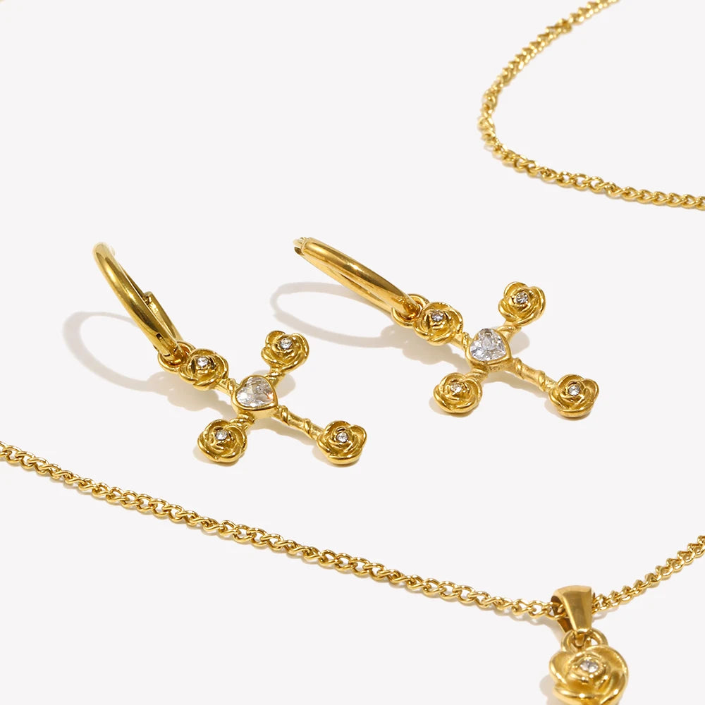 E.B.belle White Rhinestone Rose Cross Necklace Earring Flower Jewelry Set Stainless Steel 18K Gold Plated Waterproof Charm