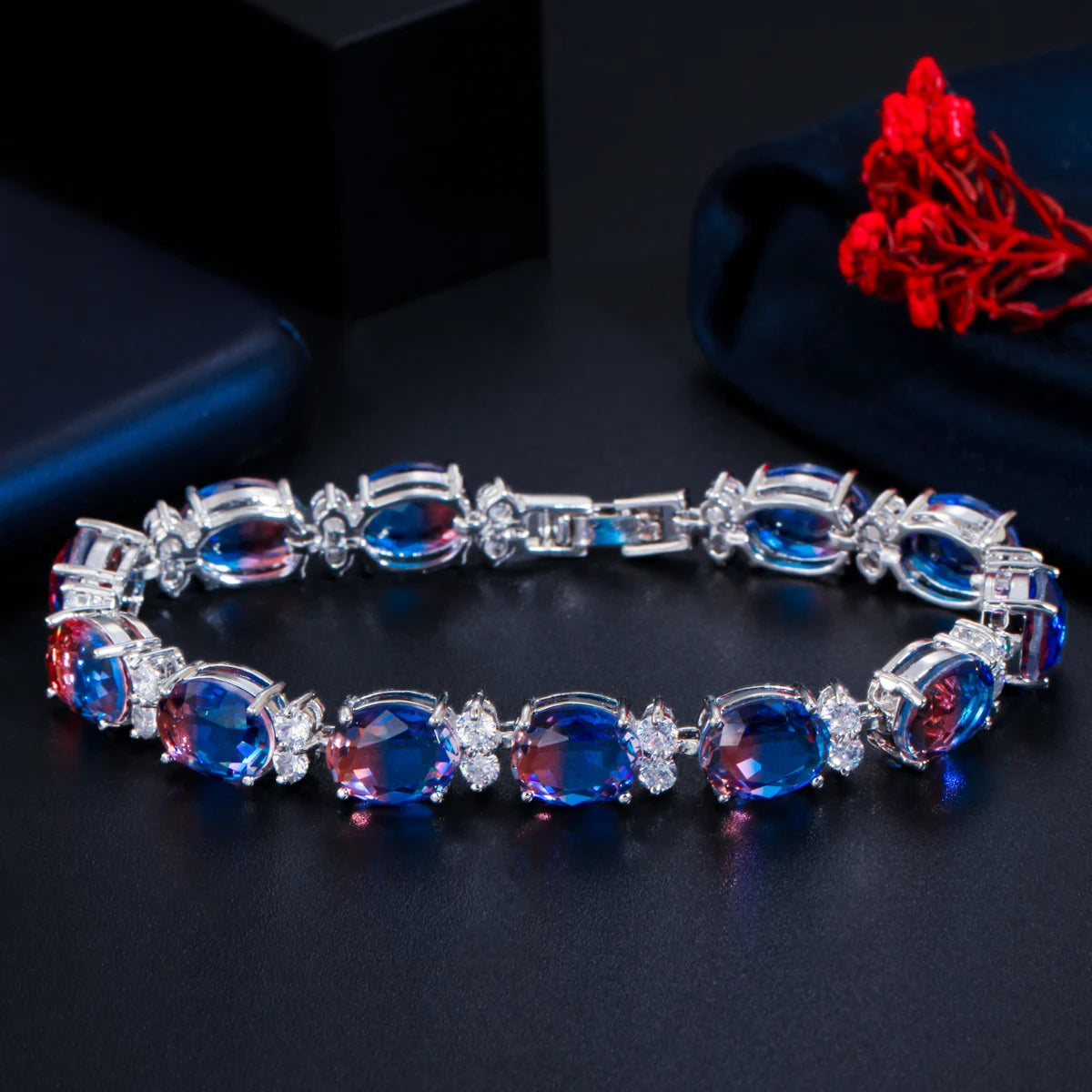 ThreeGraces Mystical Rainbow Cubic Zirconia Stones Silver Color Fashion Bridal Party Link Chain Bracelet for Women Jewelry BR380