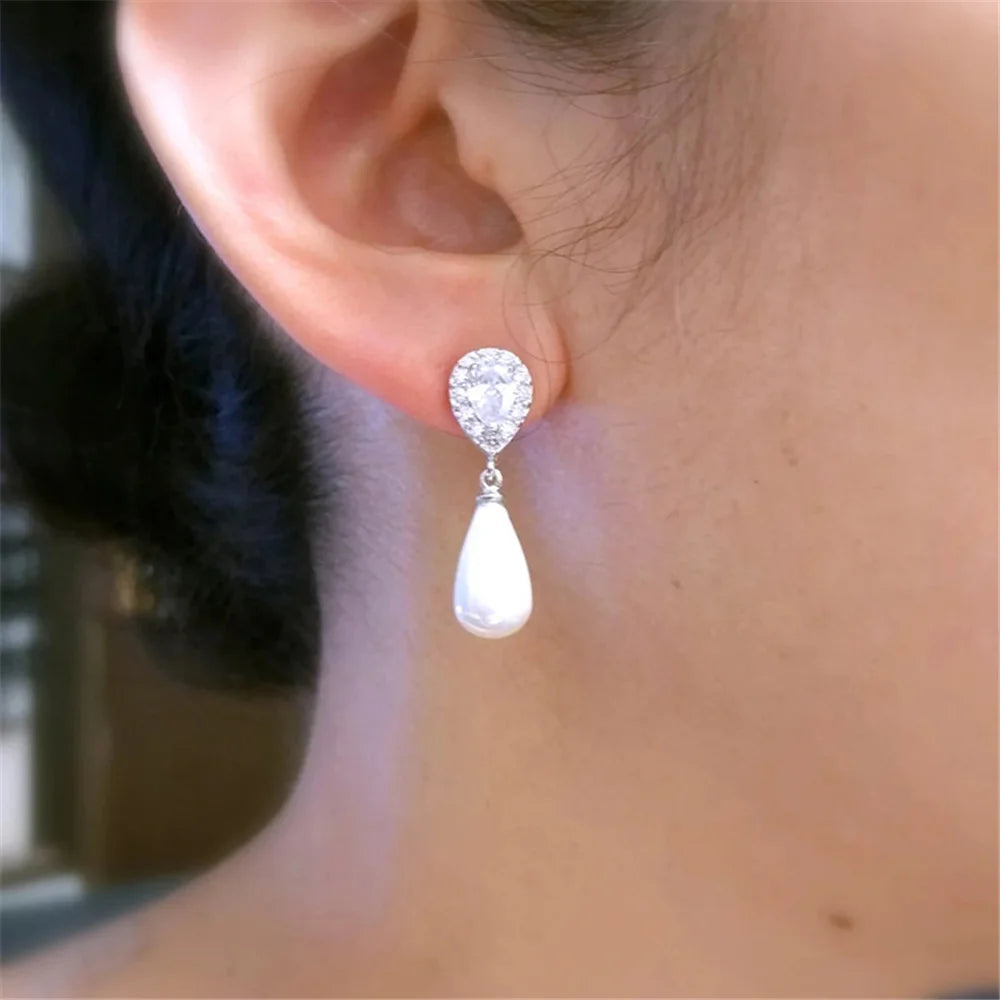 Charm Female White Crystal Drop Earrings Cute Pearl Trendy Bridal Wedding Jewelry For Women