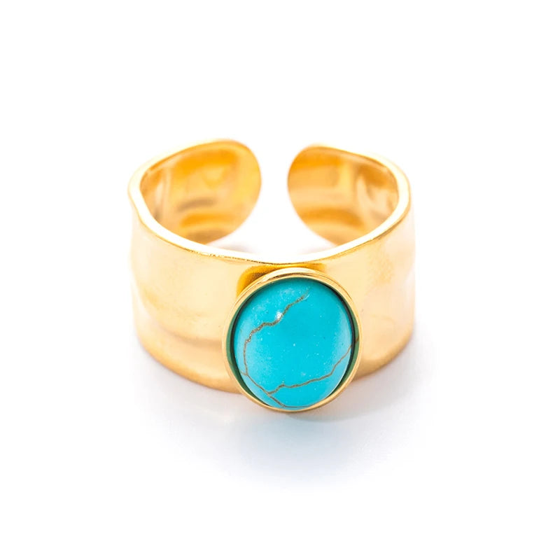 ANENJERY 316L Stainless Steel Colorful Stone Wide Smooth Open Ring for Women Men Elegant Noble Jewelry Gifts Wholesale